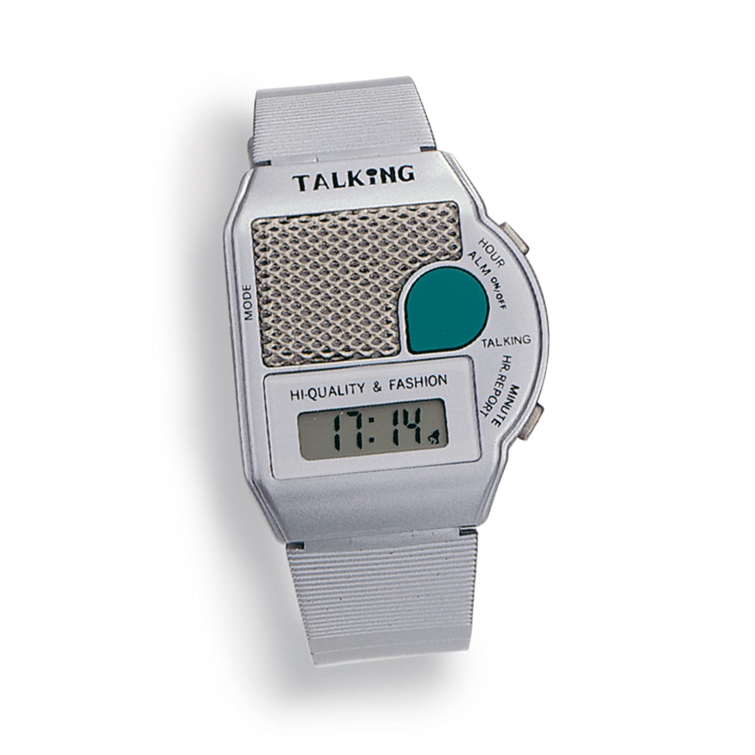 Reloj de pulsera parlante con alarma, repetición y timbre de hora, movimiento de cuarzo, de plástico (plata)