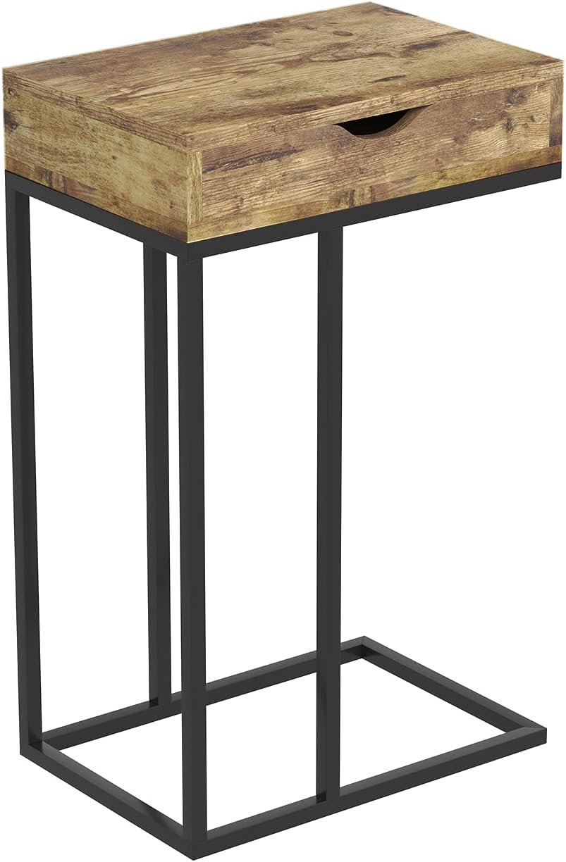 Safdie & Co. C-SHAPED BROWN RECLAIMED WOOD 1 DRAWER BLACK METAL Accent Table