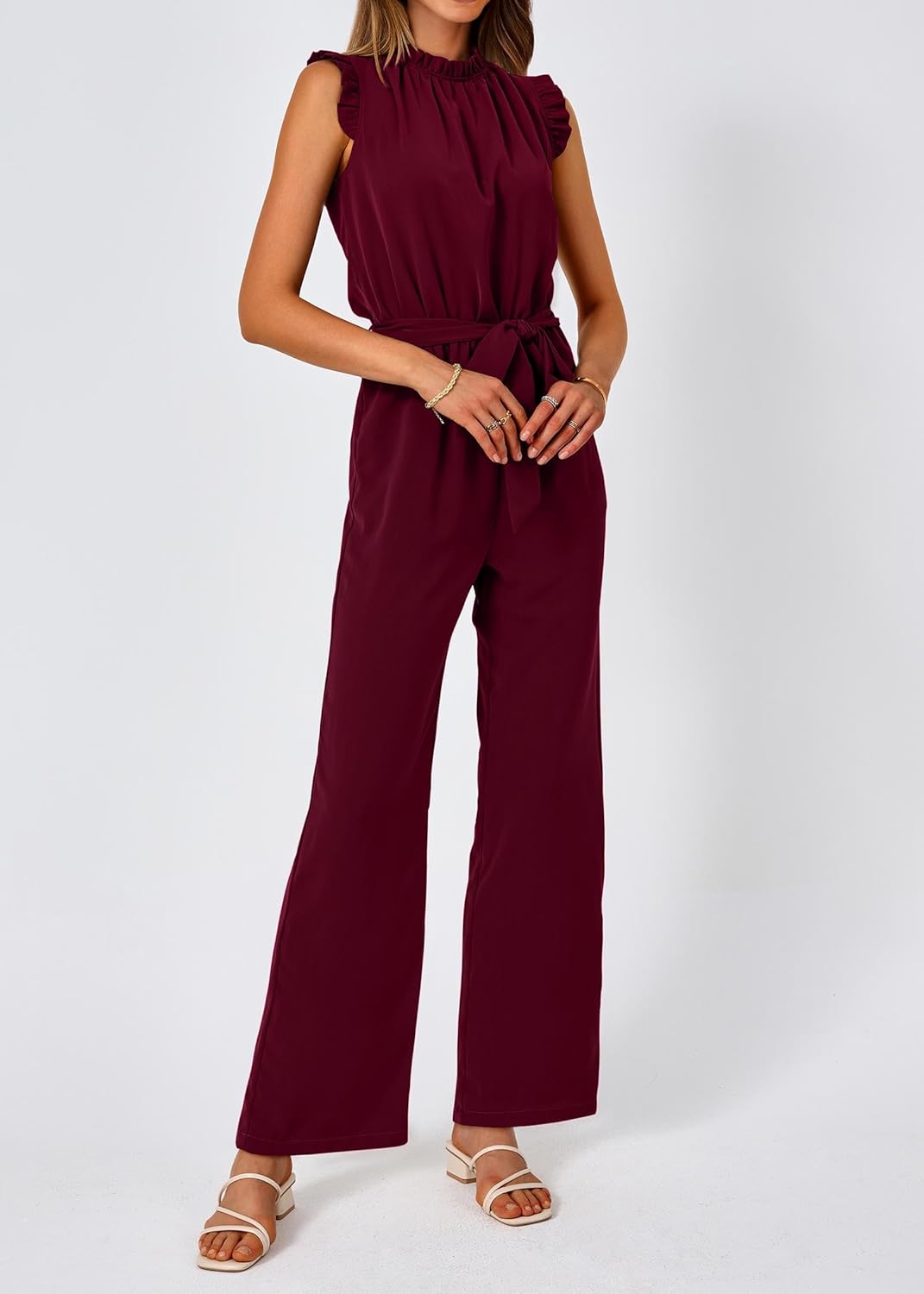 KIRUNDO Jumpsuits For Women Dressy Summer One Piece Sleeveless Ruffle Mock Neck Belt Pockets Formal Wide Leg Pants Romper - Image 3