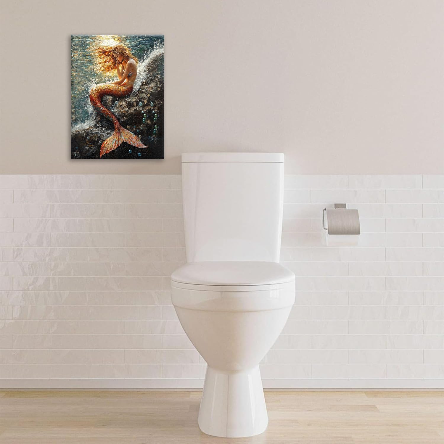 Beach Mermaid Bathroom Pictures Wall Art, Seaside Bathroom Wall Decor, Aesthetics Framed Painting Canvas Artwork for Bedroom Living Room Decorations 20" L x 16" W