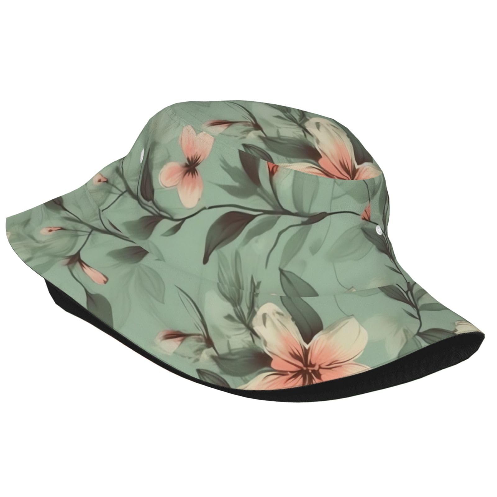 Unisex Cute Bucket Hat Summer Travel Fisherman Cap Pastel Floral Pattern Beach Travel Sun Hat Outdoor Cap Black