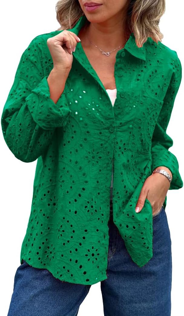 chouyatou Women's Crochet Eyelet Button Down Rolled Up Long Sleeve Boho Shirt Blouse Tops