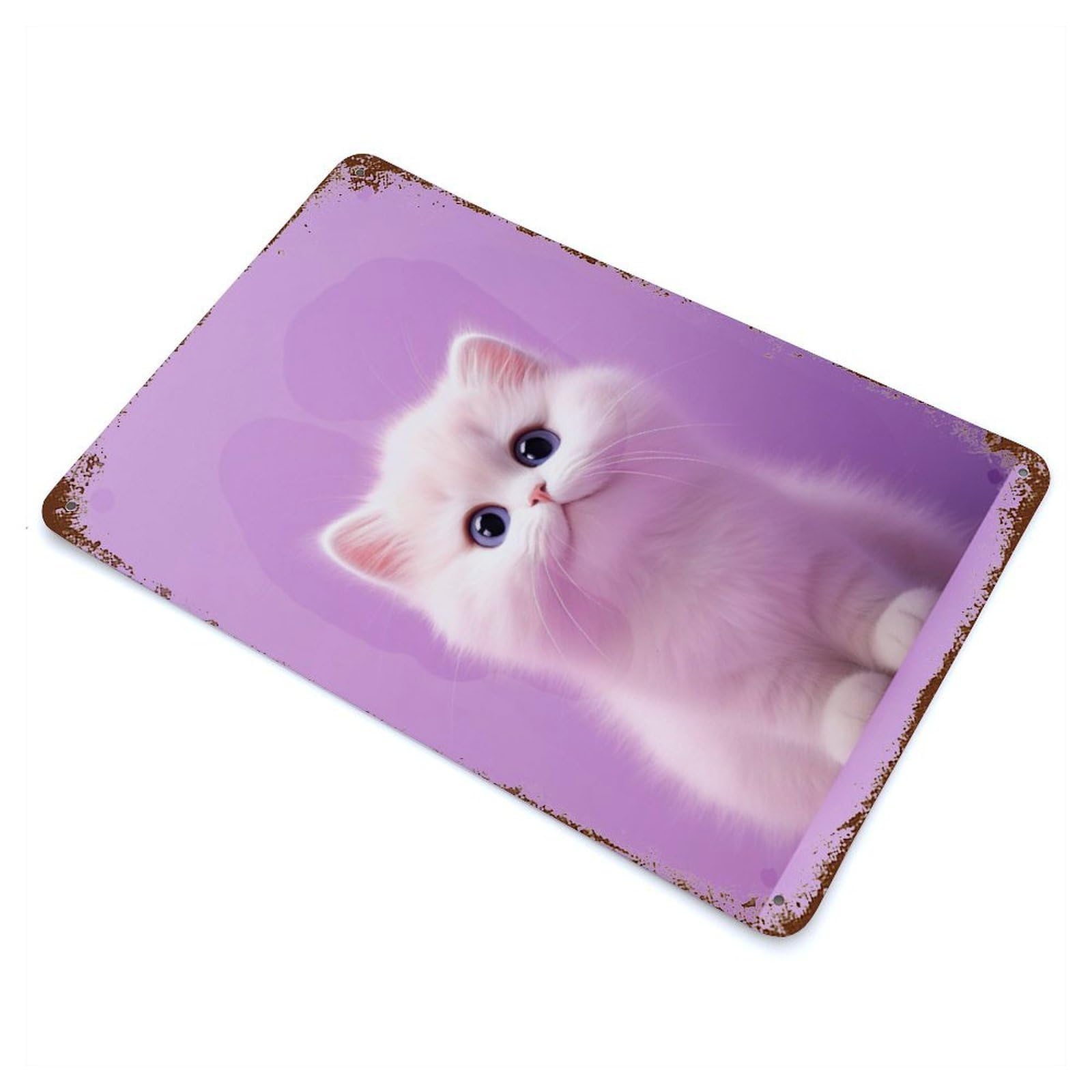 Rust Effect Cute White Kitten Weathered Tin Sign 11.8"x7.9", Farmhouse Wall Decor for Farmhouse, Kitchen And Entryway Decor