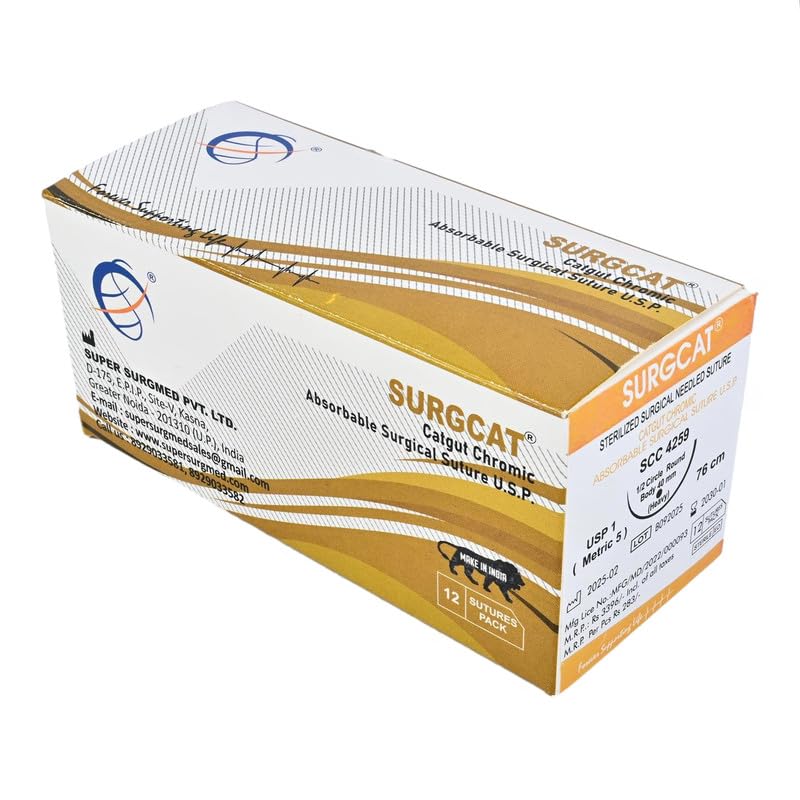Image of (SCC 4259),Catgut Chromic Absorbable Surgical Suture, USP 1 (Metric 5),Length 76 cm,1 /2 Circle Round Body 40 mm Heavy (Pack of 12 Sutures)