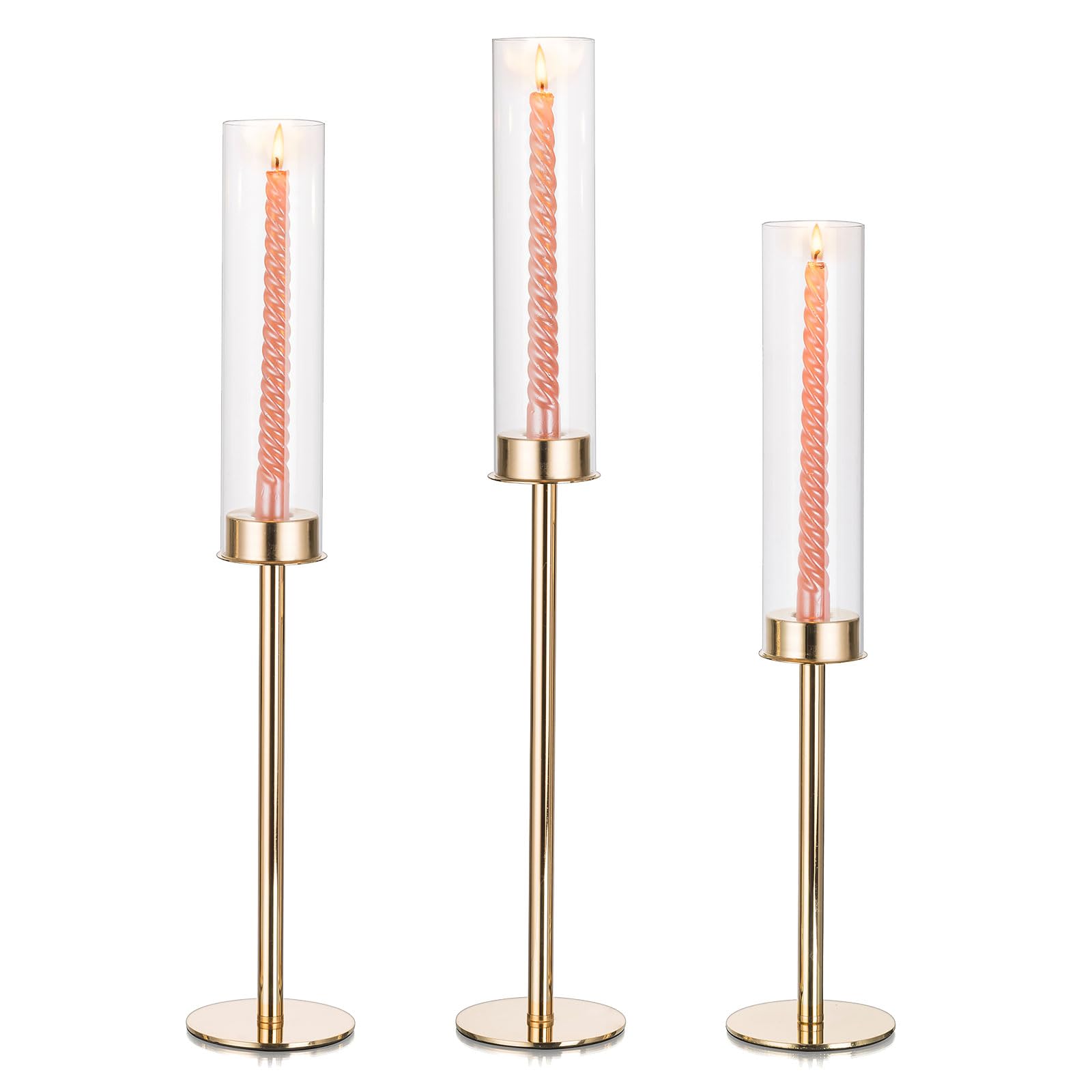 Glasseam Hurricane Tall Candlestick Holders, Gold Metal Candle Holders Set of 3, Taper Candle Holders with Glass Cylinder Chimney, Long Skinny Candle Holders for Table Centerpiece Wedding 20’’22’’24’’