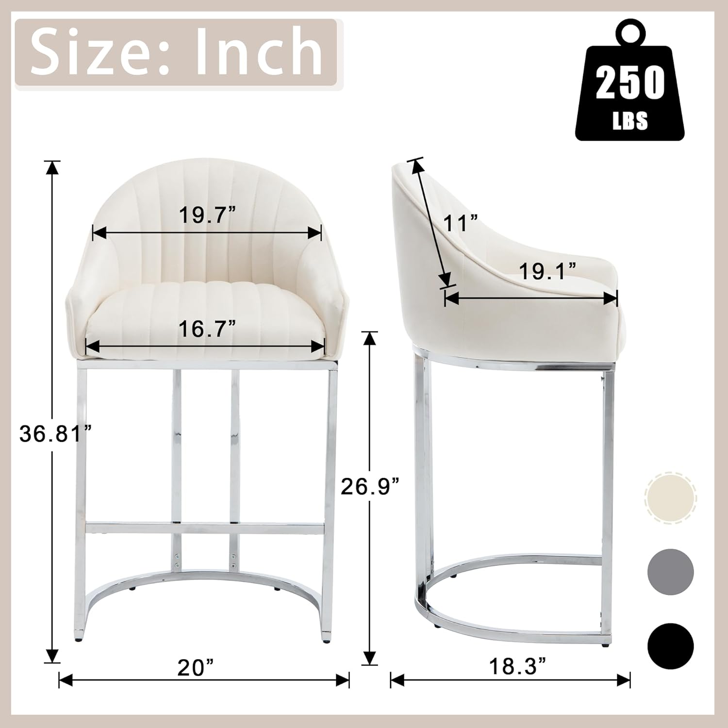27 Inch Bar Stools Set of 4, Counter Height Barstools Kitchen Island Chairs with Silver Legs, Velvet Upholstered Barstools with Back,Beige