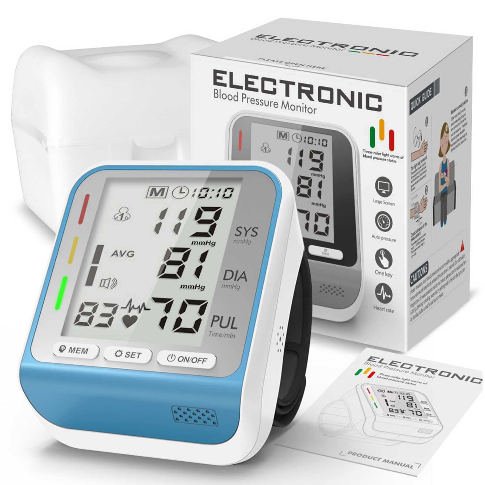 Inteligentny ciśnieniomierz elektroniczny typu nadgarstka, automatyczny ciśnieniomierz, cyfrowy wyświetlacz LCD, inteligentne ciśnienie, z trójkolorowym wskaźnikiem stanu ciśnienia krwi (niebieski)