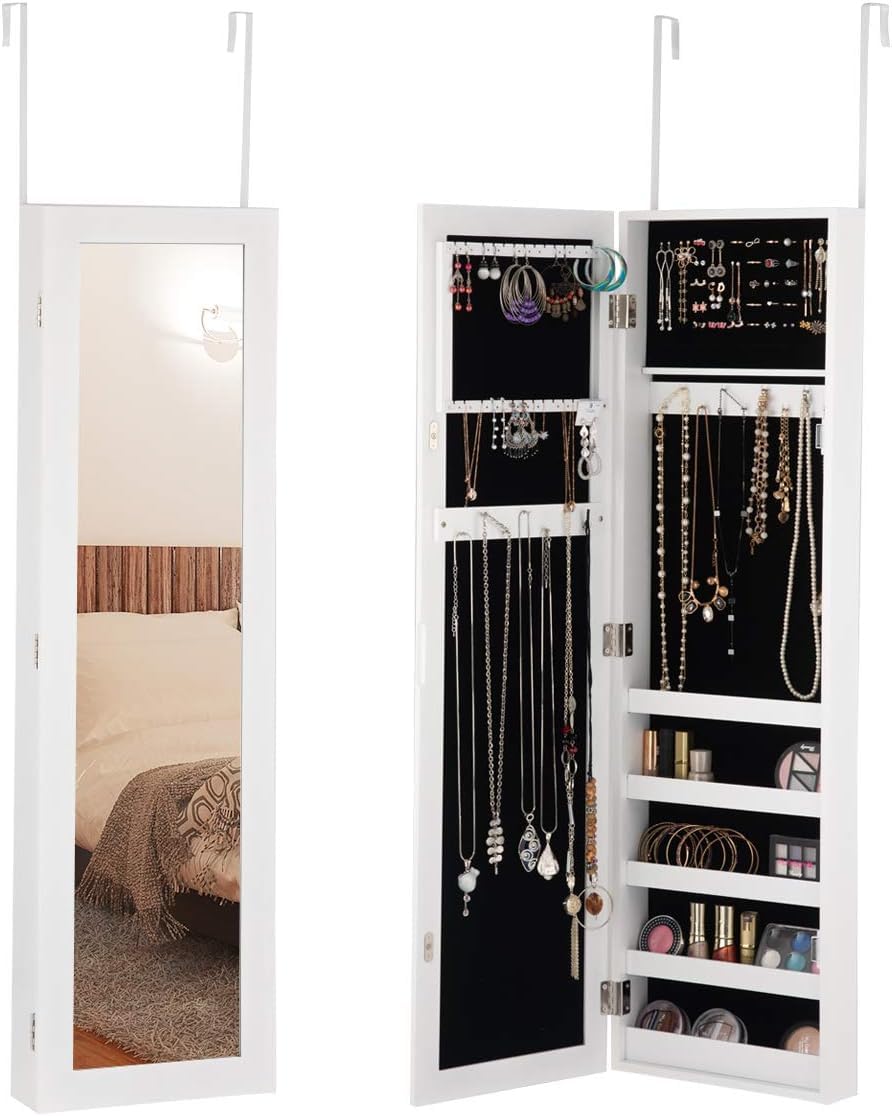 GOPLUS GOPLUS Armario Joyero con Espejo, Montado en la Pared o en la Puerta, Armario para Joyas con Espejo de Cuerpo Entero, Gran Capacidad de Almacenamiento, Organizador de Joyas para Dormitorio, Baño