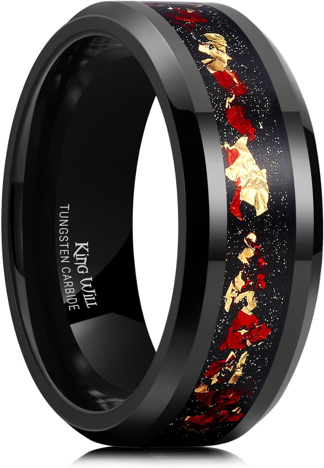 King Will Mens Wedding Band with Foils Inlay, Black/Silver/Gold