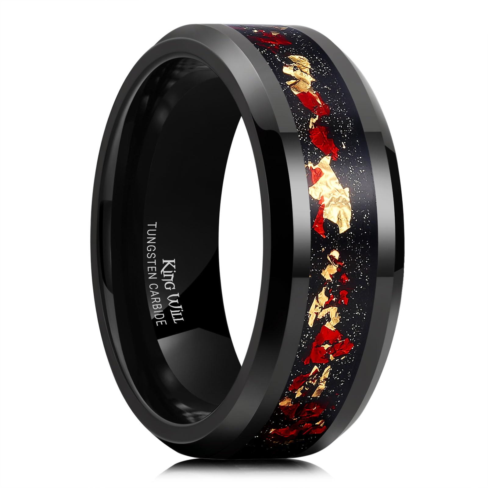 King Will Mens Wedding Band with Foils Inlay, Black/Silver/Gold