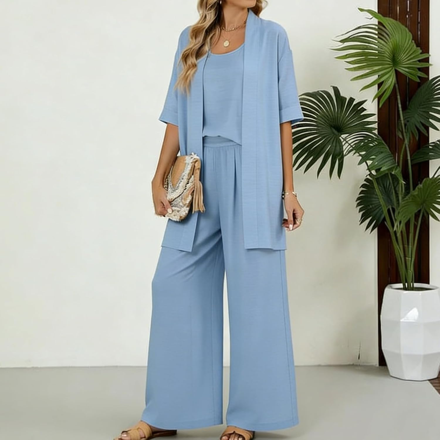 Linen-cotton Three-piece Set - Comfortable For Everyday Wear, Women Solid Casual Loose Outfit Spring Summer Wear