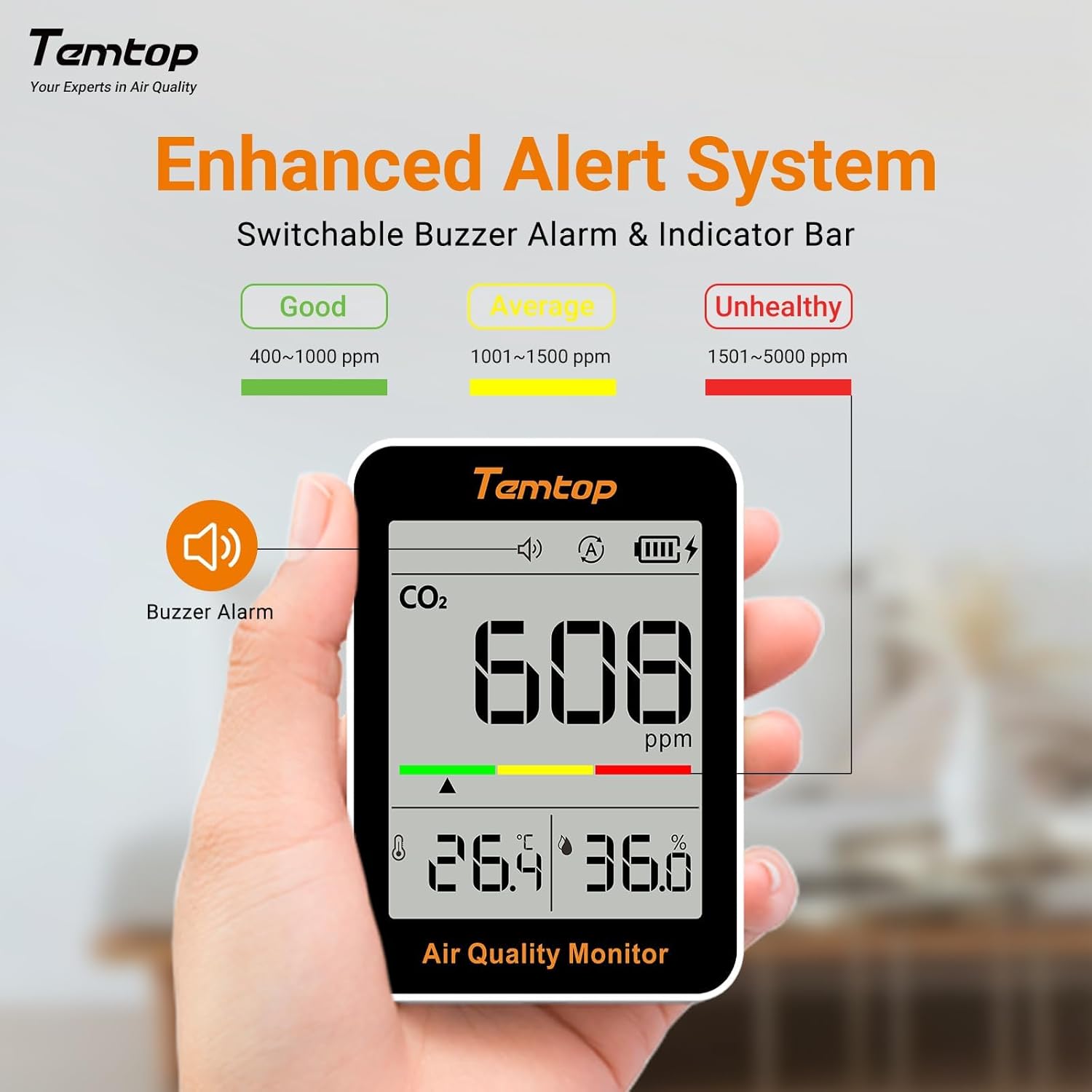 Temtop CO2 Monitor Indoor air Quality Monitor Portable CO2 Meter, CO2, Temperature, Humidity Home, Office or School - Image 4