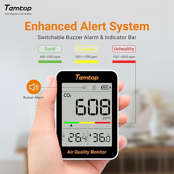 Temtop CO2 Monitor Indoor air Quality Monitor Portable CO2 Meter, CO2, Temperature, Humidity Home, Office or School