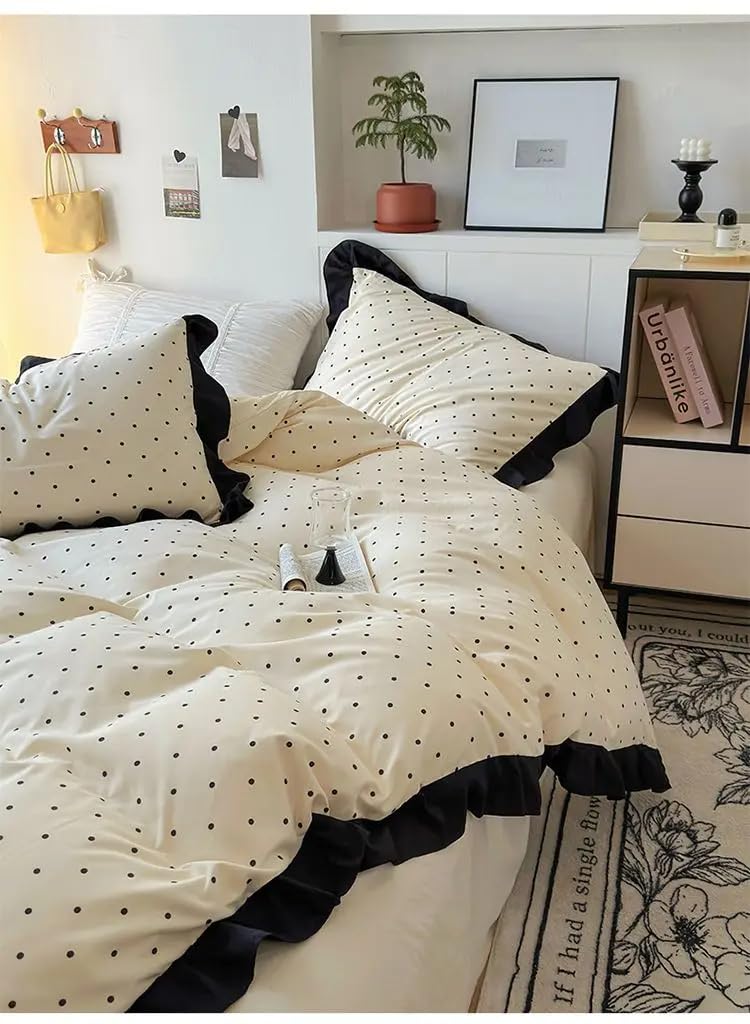 Bettbezug 135X200 mit Rüschen und Punkten – Weiches Gewaschenes Mikrofaser-Bettwäsche-Set für Mädchen und Frauen, Wendbare Französische Bettbezüge mit Rüschen, Kissenbezügen und Reißversch