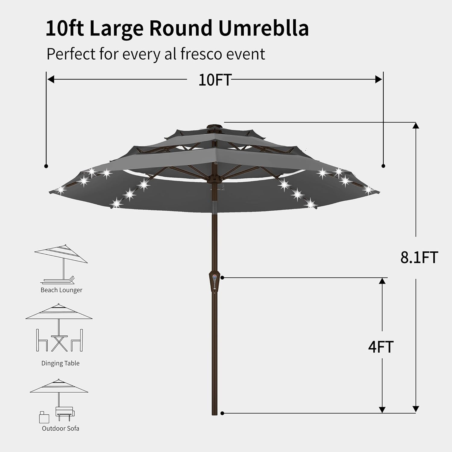 Kingdura 10ft Patio Umbrella with Solar Lights, 3 Tier Outdoor Table Umbrella with Mobile Base Included, Easy Crank & Tilt, 8 Sturdy Ribs, UV Protection, 32 LED Lights for Deck, Poolside (Grey)