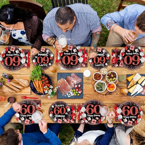 Image of gisgfim 96 Pcs 60th Birthday Plates and Napkins Party Supplies 60 Years Old Birthday Party Tableware Set Red Black Dinner Dessert Plates 60th Birthday Decorations Favors for Man Women for 24 Guests