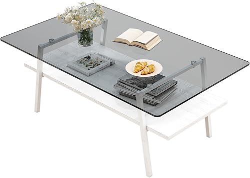 Miniatura 77 de Mesa de centro de cristal para sala de estar, mesa de centro de 2 niveles de mediados de siglo, mesa central con parte superior de vidrio templado