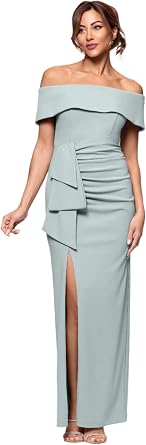 Xscape Womens Off Shoulder Straight Neck Evening Gown with Foldover Cuff, Side Ruffle, Leg Slit, Fitted Formal Dress