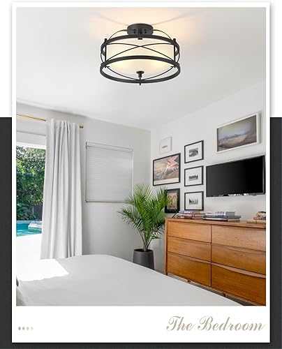 Miniatura 6 de Lámpara de tambor de entrada, lámpara de techo rústica semiempotrada para pasillo, sala de estar, dormitorio, cocina (negro)