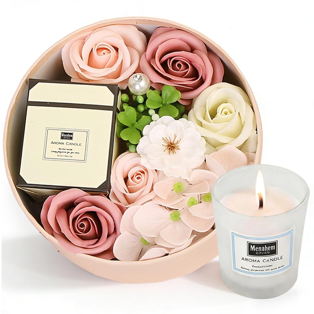 Flower Soap Set in Gift Box with Scented Candle for Women Roses Soap Flowers Box Round Bath Flowers for Women Personalized Birthday Wedding Anniversary Valentine's Day