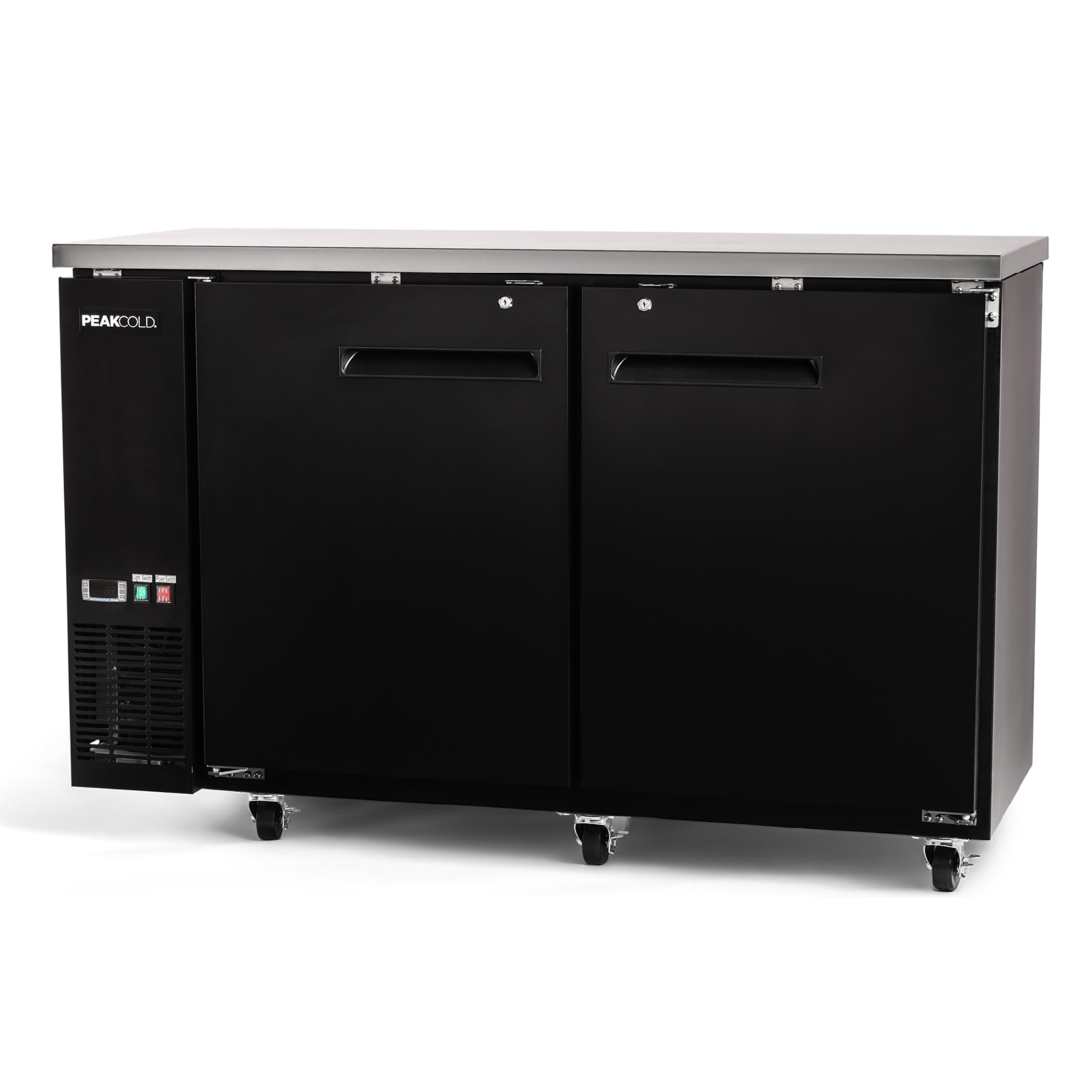 PEAKCOLD 2-Door Counter Height Beverage Refrigerator - 61" Wide Energy Efficient Solid Black Beer Cooler & Bar Fridge With White LED Lighting - Commercial Back Bar Cooler | Fridge.com