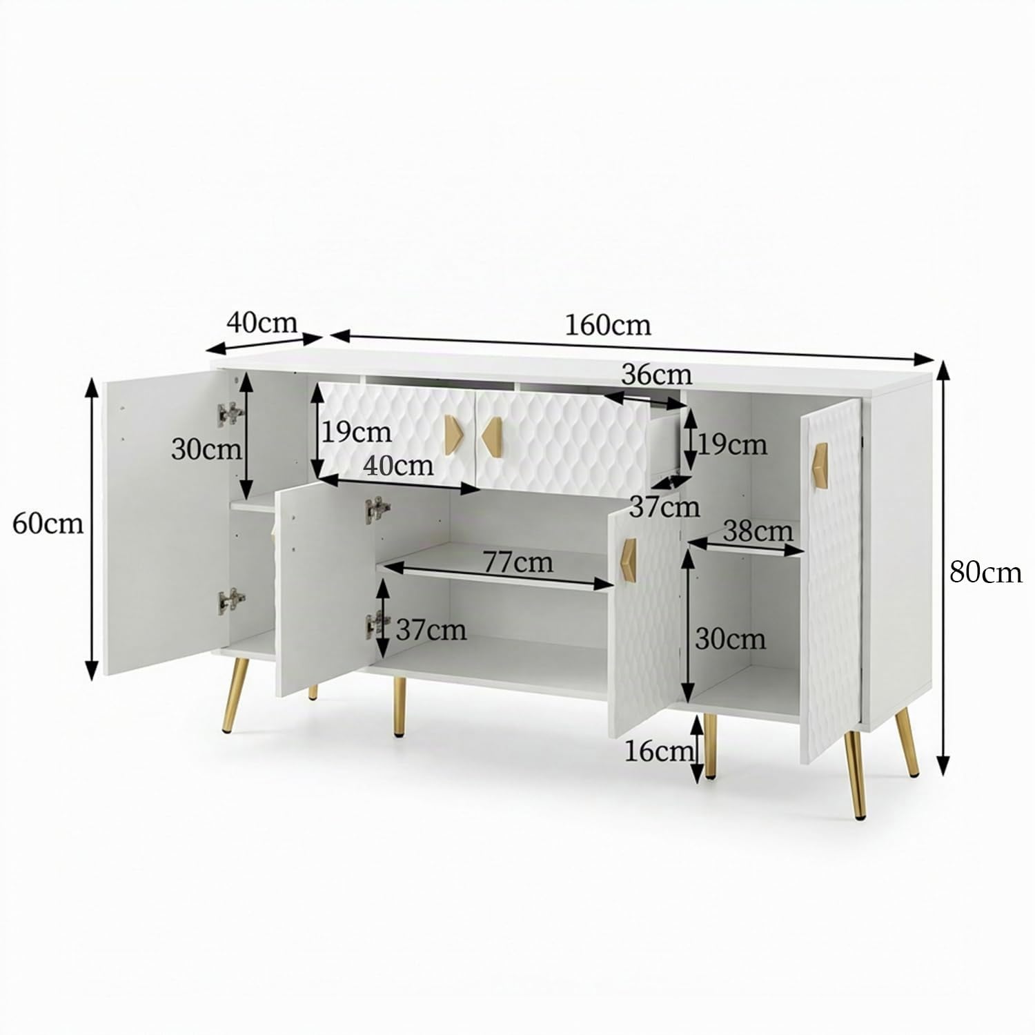 Sideboard 160 cm mit Strukturfront & 4 Türen, Weiß-Gold