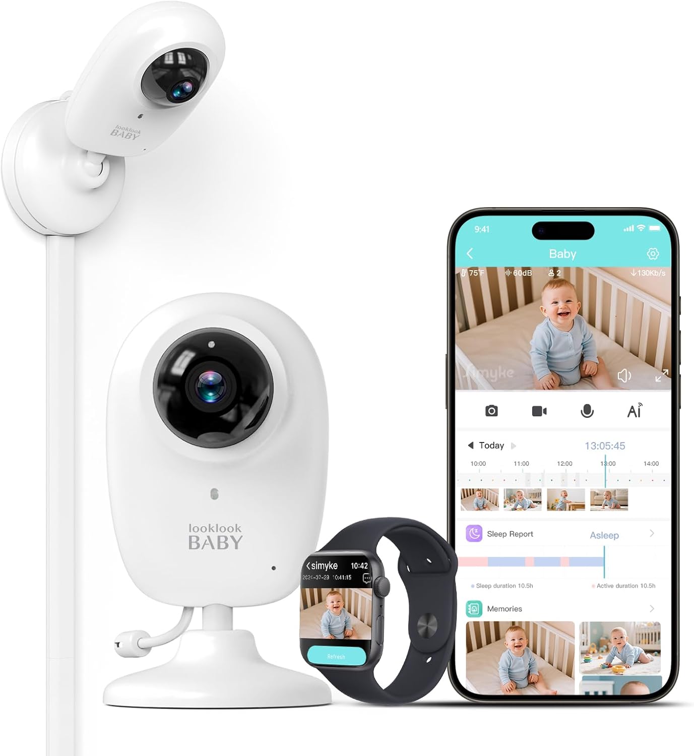 جهاز مراقبة الطفل الذكي AI ، كاميرا غرفة الأطفال 1080P ، التطبيق ، كشف الذكاء الاصطناعي ، رصد صرخة ، تهويدات ، رؤية ليلية ، Vox ، صوت ثنائي الاتجاه ، تخزين بطاقة سحابية و SD ، حامل حائط ، مستشعر درجة الحرارة ، دعم ساعة ذكية