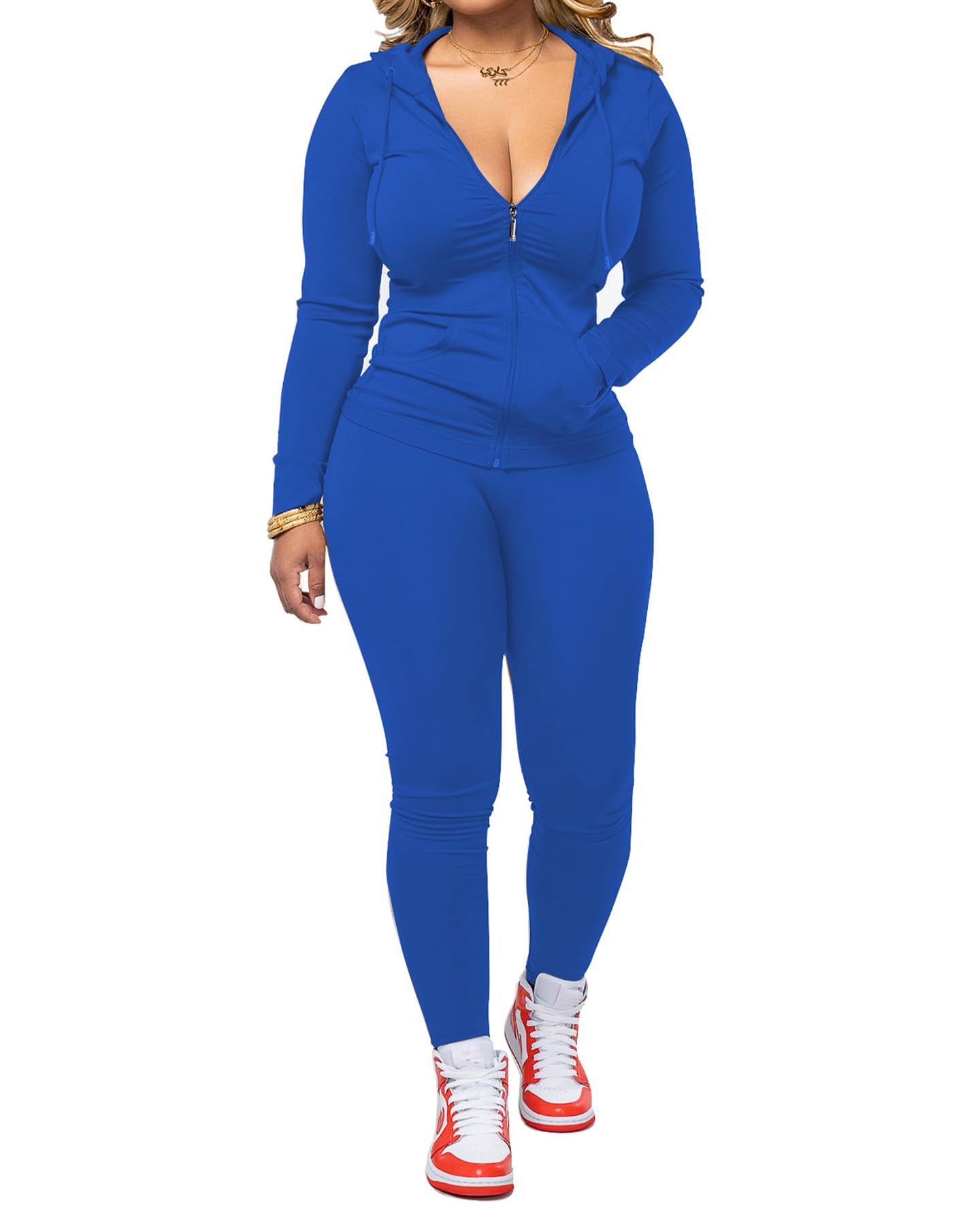 PINSV Women Two Piece Outfits Workout Sets Bodycon Tracksuit Long Sleeve Zip Up Hoodie Jacket Jogger Matching Sweat Pants Set