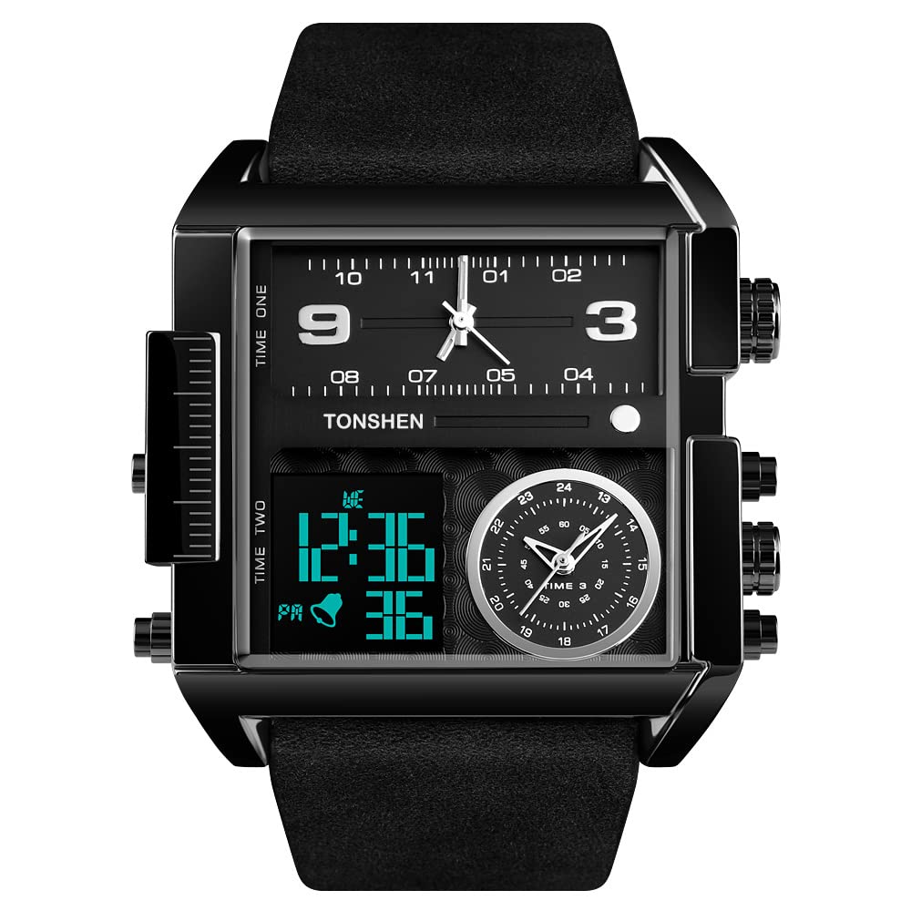 TONSHEN Moda męska cyfrowy zegarek ze stali nierdzewnej ze skórzanym paskiem na zewnątrz wojskowy wielofunkcyjny LED elektroniczny analogowy kwarcowy trzykrotne zegarki sportowe duża prostokątna tarcza pasek Czarny 1