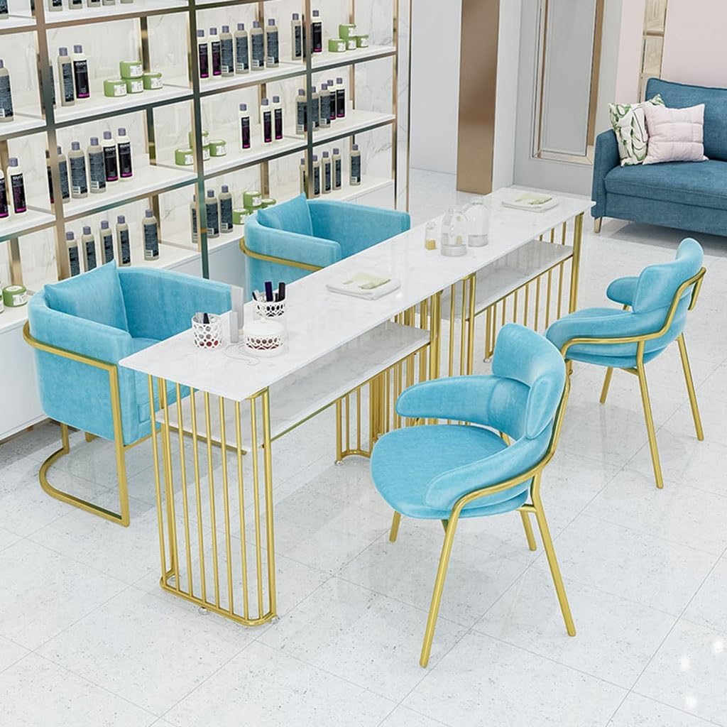Salon Spa Beauty Manicure Table, Easy Assembly Nail Station with Marble Top, Multi-Layer Storage Shelf for Professional Use and Home Nail Care (Gold 120 * 45 * 75)