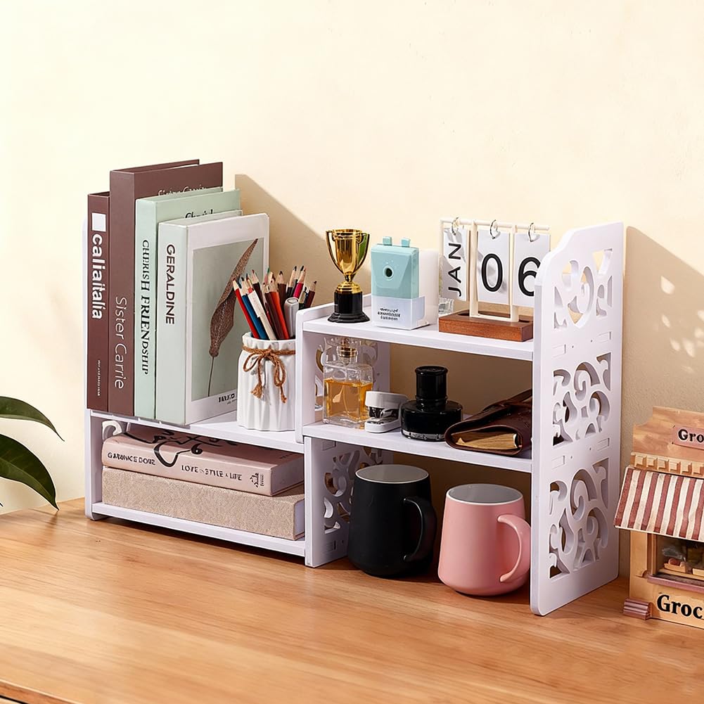 PH PandaHall Étagère de Bureau Bibliothèque en Bois Étagères de Bureau Réglables Organisateur de Bureau Blanc Bibliothèque d'Angle Organisateur de Table pour Bureau Maison Bureau Rangement, 62x17x39cm
