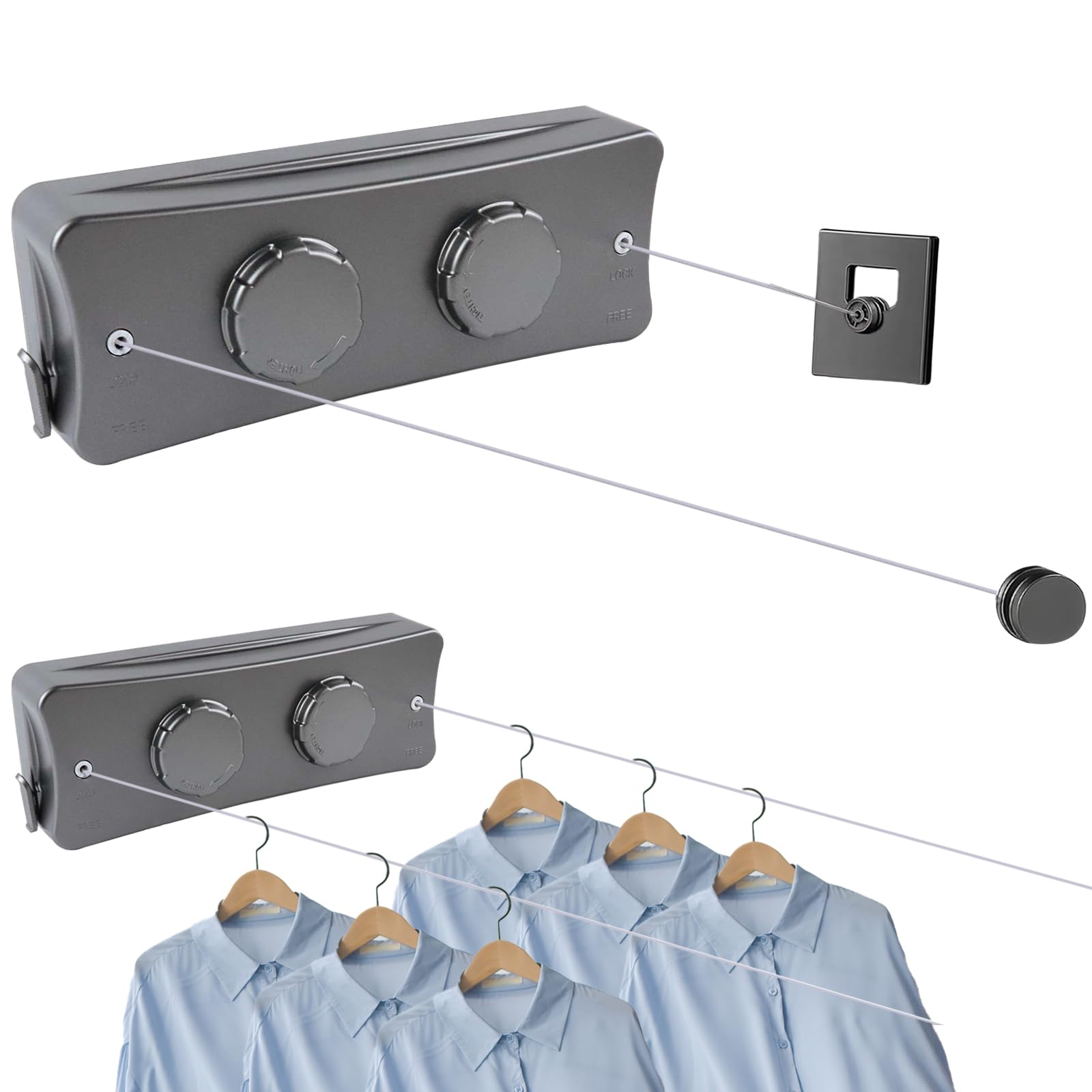 Yallmie Dual Line Gray Indoor Washing Line, Retracting Indoor Clothes Line 16.7Ft Retractable Clothesline, Laundry Line Indoor Stainless Steel Wall Clothing Line, Clotheslines For Indoors Outdoor (Dual Line Gray)