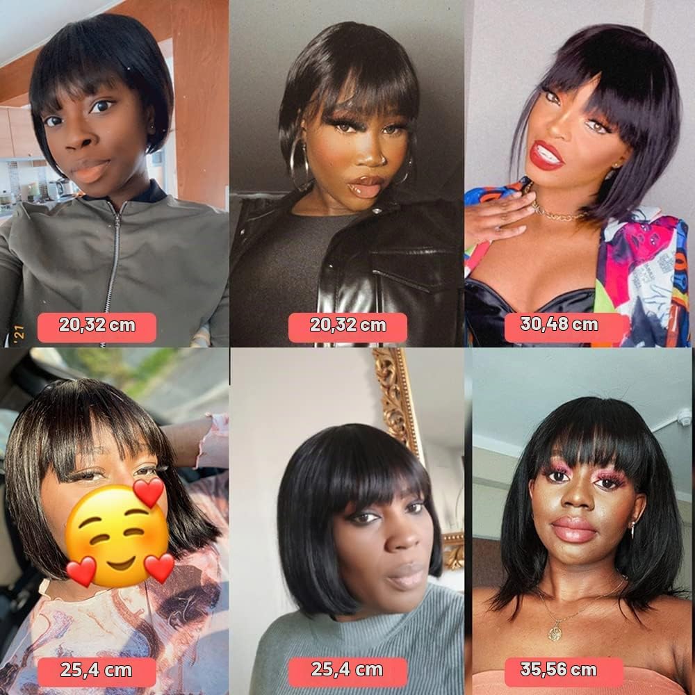 Peluca Mujer Pelo Corto Bob con Flequillo Cabello Humano Pelucas Brasileñas No Lace Bob Wig Human Hair 8 Inch