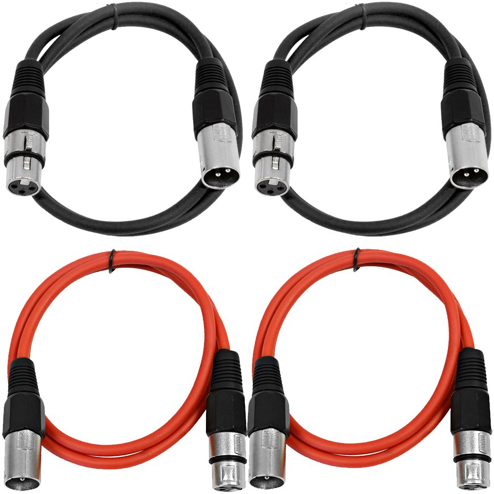 Seismic Audio - SAXLX-2-4 Pack of 2' XLR Male to XLR Female Patch Cables - Balanced - 2 Foot Patch Cord - Black and Red