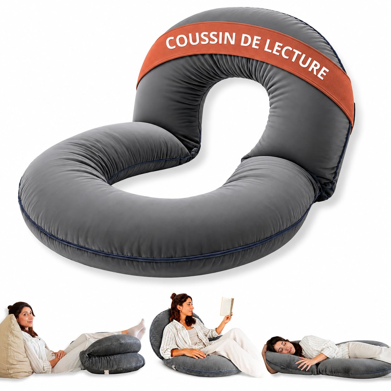 Coussin de Lecture Ergonomique Modulable, Grand Oreiller de Lecture Adulte pour Lit et Canapé, Soutien Enveloppant Dos Lombaires Jambes, Housse Velours Lavable, Hypoallergénique