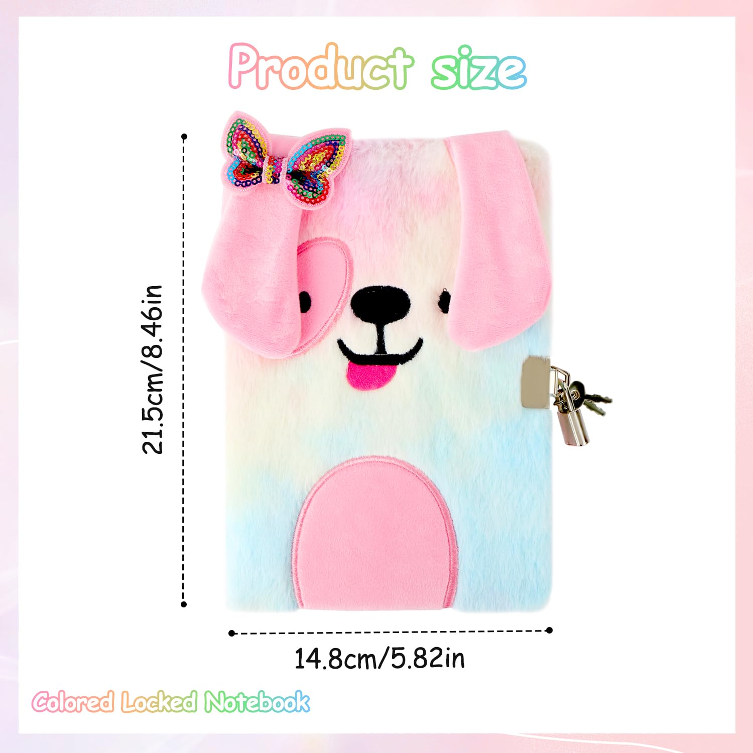 MOTIBACK Colourful Puppy Creative Password Fluffy Notebook,Tie-Dye Diary with Lock and Key for Writing and Drawing Fuzzy Secret Journal Gift for Kids Girls Christmas Stocking Stuffers(Colorful) - Image 2