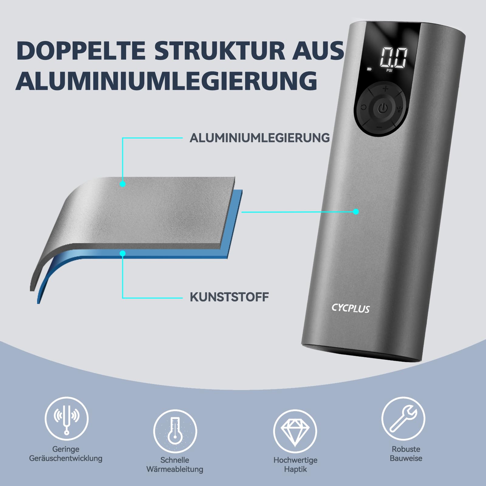 CYCPLUS Luftpumpe Max 150PSI Elektrischer Kompressor Tragbar Fahrradpumpe Mini ReifenpumpeUSB-C-Anschluss Wiederaufladbarer Li-ionen für alle Fahrräder