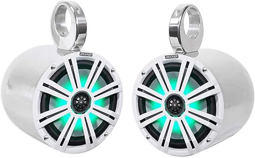 Pair Kicker 45KM84L 8" 600 Watt Marine Boat Waterproof Speakers w/LED's KM8 Bundle with Pair Rockville 7.7" Polished Silver Aluminum Wakeboard Tower Speaker Enclosures