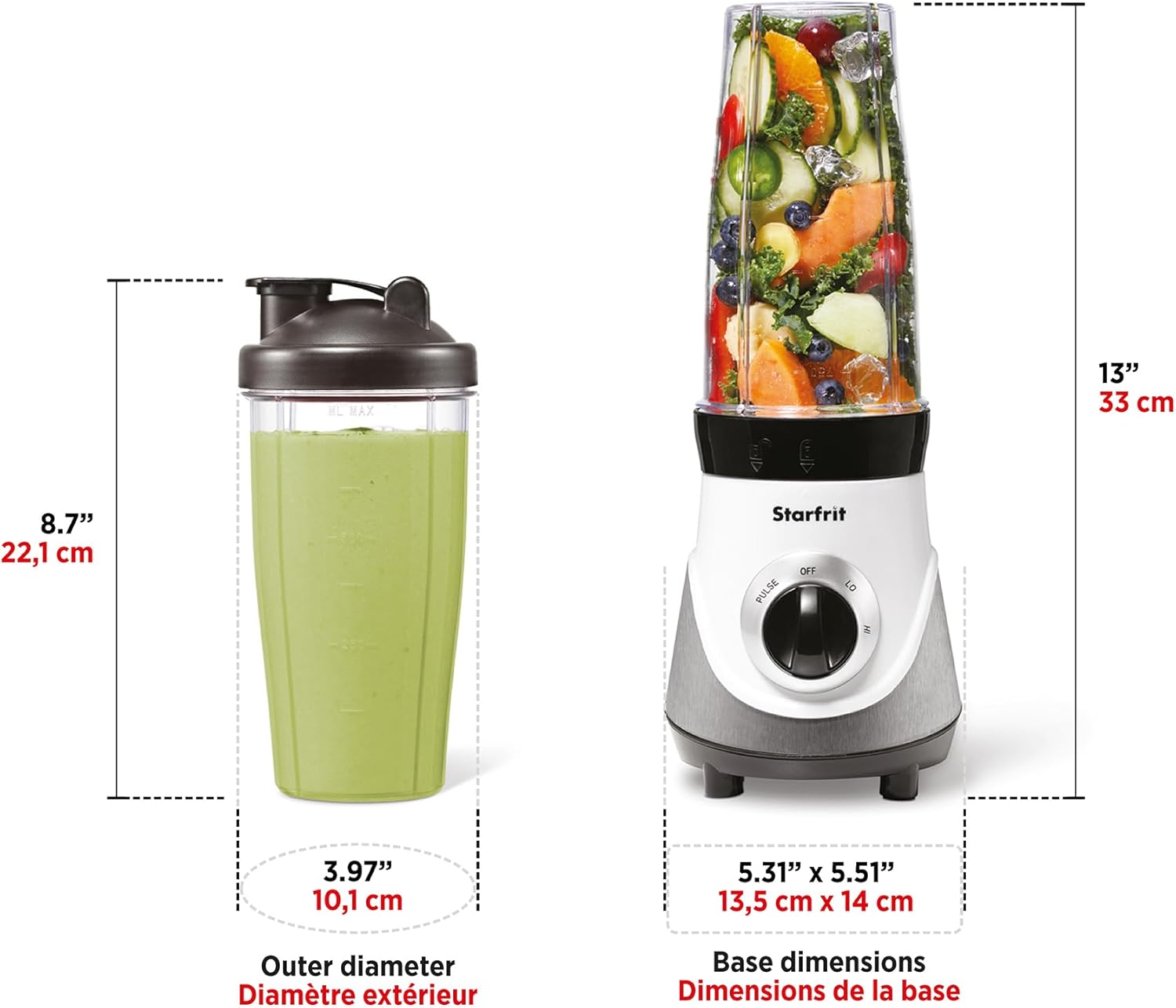 Diagram showing the dimensions of the Starfrit Personal Blender base and a blending cup.