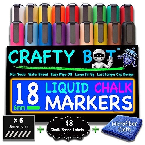 Crafty Bot Pack of 18 Liquid Chalk Markers, 48 Chalk Board Labels, Microfiber Cloth, With Reversible - //coolthings.us