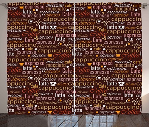 Tech Deals 🔥 Ambesonne Tea Party Curtains, Cafe Typography Themed Pattern of Coffee Culture Words Cappuccino and Latte Texts Illustration, Living Room Bedroom Window Drapes 2 Panel Set, 108" X 84", Chestnut Brown