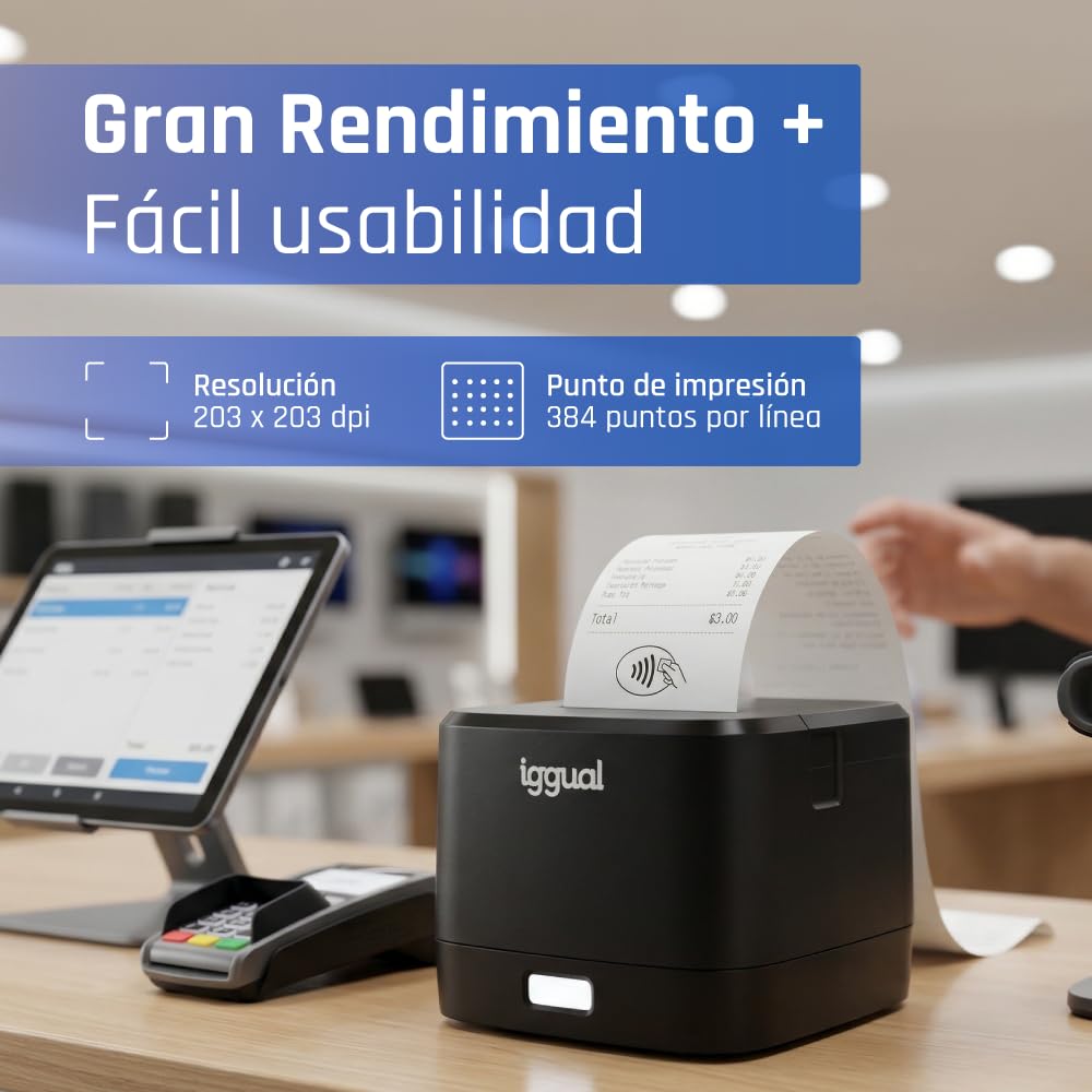 iggual Tickets TP Easy 58 Thermodrucker, USB + RJ11, 58 mm, Geschwindigkeit 90 mm/s, 203 x 203 DPI, Windows 11/10/8/7/Vista/XP/2000/JPOS/Linux, SDK Android, iOS, Windows (139 x 122 x 93)