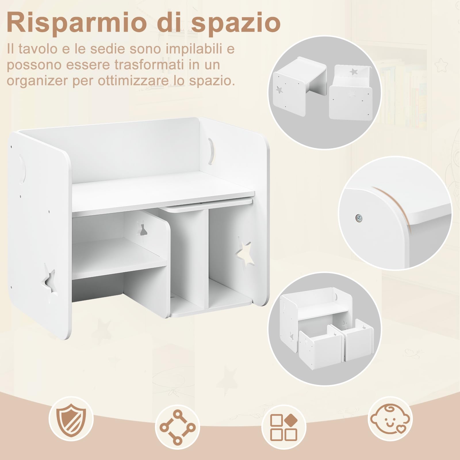 WOLTU Set di Tavolo e Sedie per Bambini, set di Mobili per Bambini a 3 Pezzi per Asilo Nido, Scuola Materna, Sala da Pranzo, Tavolo Bianco per Bambini con 2 Sedie