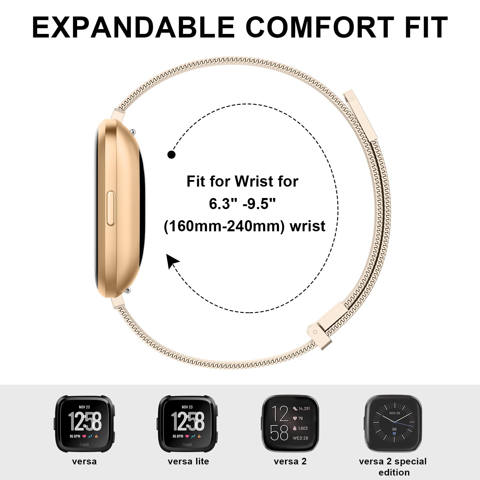 Tobfit Strap for Fitbit Versa & Versa 2 - Breathable Stainless Steel Mesh Loop Adjustable Replacement Strap for Women & Men (Champagne) - Image 3