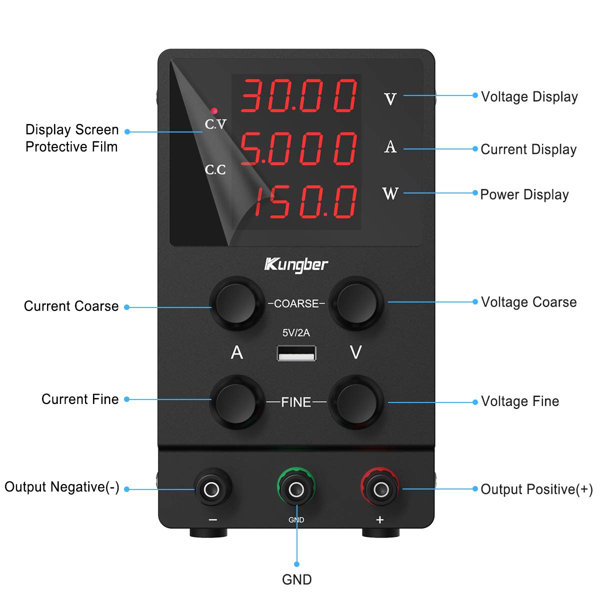 Kungber DC Power Supply Variable, 30V 5A Adjustable Switching Regulated DC Bench Linear Power Supply with 4-Digits LED Power Display 5V/2A USB Output, Coarse and Fine Adjustments with Alligator Leads