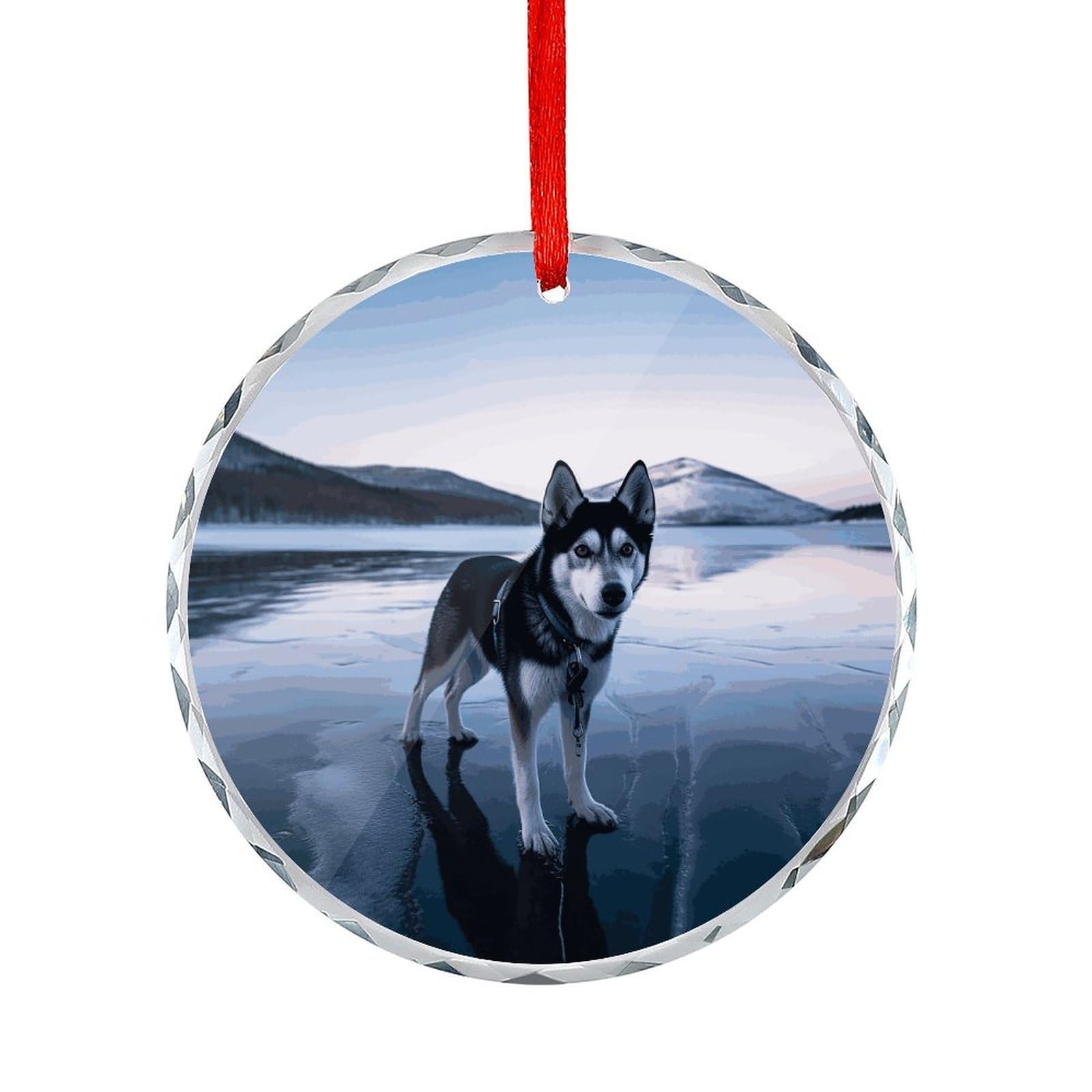 Btcowzrv Style Husky Dog On A Frozen Lake Round Ornament Hanging Pendant Decor