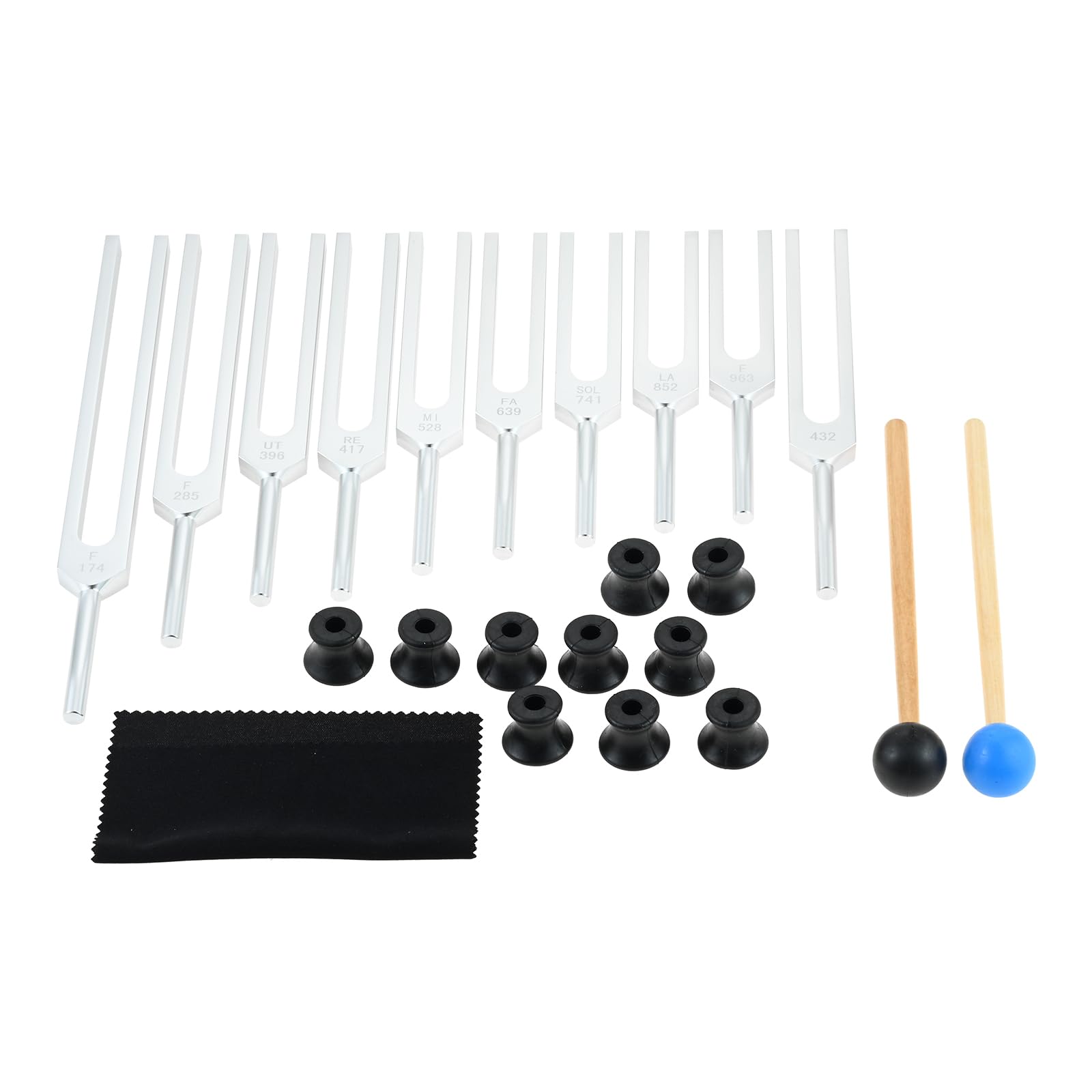 DRELD Stimmgabel-Set, Vibrationsgabeln aus Aluminiumlegierung mit 2 Silikonhämmer, 174/285/396/417/432/528/639/741/852/963 Hz für Heilung, Chakrenheilung, Klangheilung, Anti-Kompression, silber