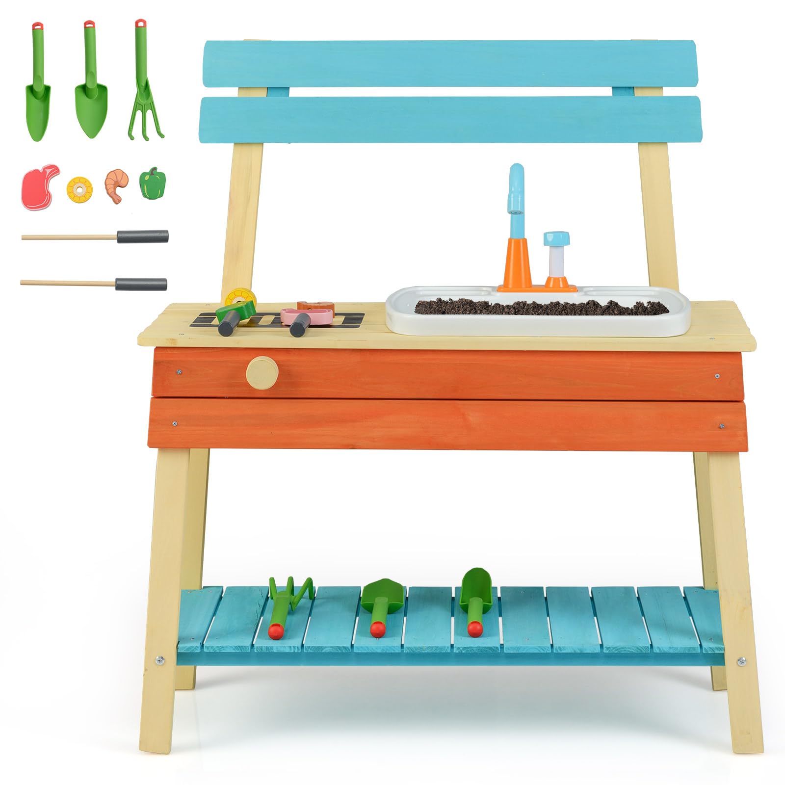 GYMAX Kids Mud Kitchen, Wooden Toy Kitchen with Removable Sink, Grill Rack, Circulation Faucet and Gardening Accessories, Outdoor Cooking Role Playset for 3-8 Years Old