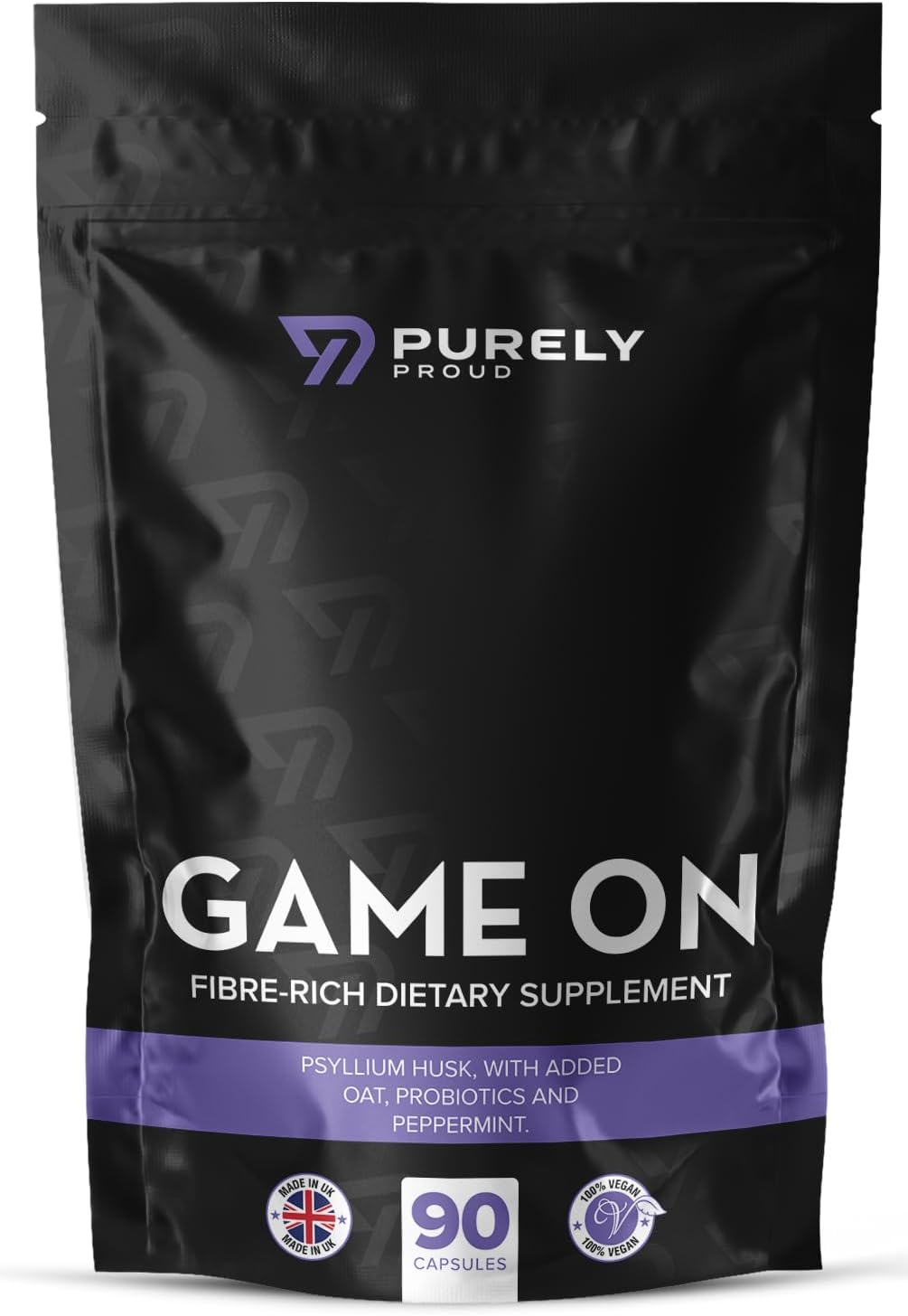 Purely Proud Game ON – Fibre Rich Supplement for Bottoms | Stay Ready with Psyllium Husk, Probiotics, Peppermint | Supports Digestion, Gut Health & Clean Confidence | Vegan | 90 Capsules | Made in UK