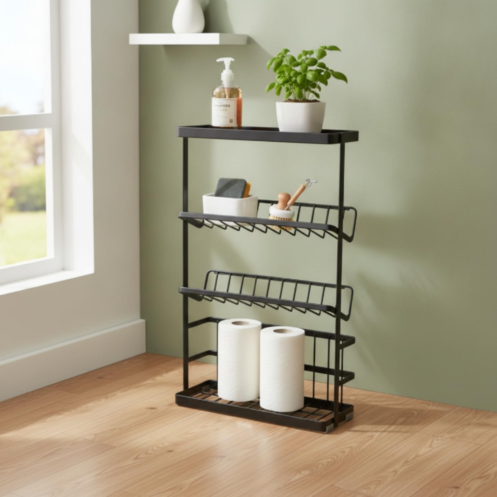 Mensola Bagno Scaffale Ripiano Portasapone Portautensili con Design Aperto a 3 Ripiani Inclinati Finitura Antiruggine Struttura da Pavimento Adatta per Bagno Casa Vacanza Pensione, Nero